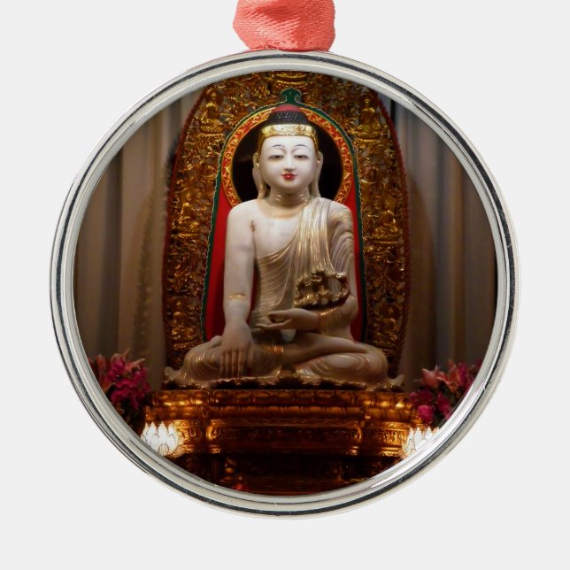 Ornement Rond Argenté Bouddha Statue Lotus position Tibétain (Devant)
