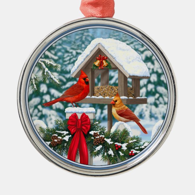 Ornement Rond Argenté Cardinaux et nourriciers d'oiseaux de Noël (Devant)