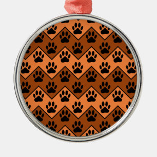 Ornement Rond Argenté Chevron Orange Brown Avec Motif Paw Chien