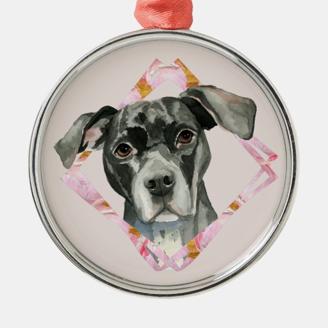 Ornement Rond Argenté Chien noir de pitbull (Devant)