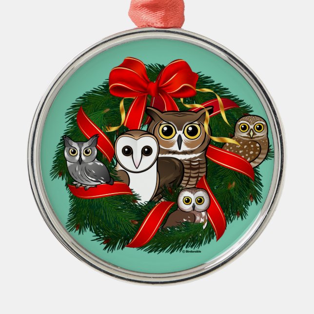 Ornement Rond Argenté Chouette Birdorable Couronne de Noël (Devant)