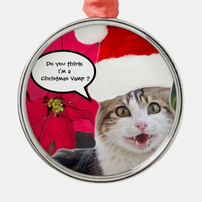 ORNEMENT ROND ARGENTÉ CHRISTMAS CHAT AVEC SANTA CLAUS CASQUETTE ET POINS (Devant)