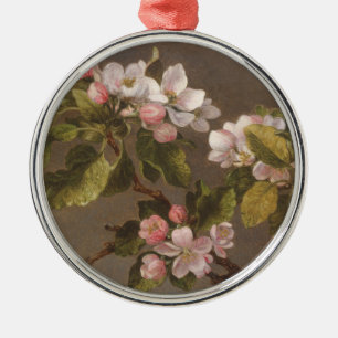 Ornement Rond Argenté Colibri et fleurs d'Apple