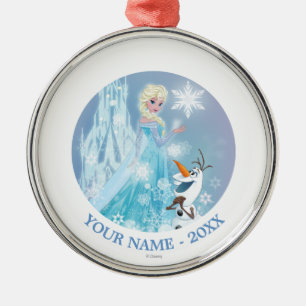 Ornement Rond Argenté Congelé personnalisé   Elsa et Olaf - Icy Glow