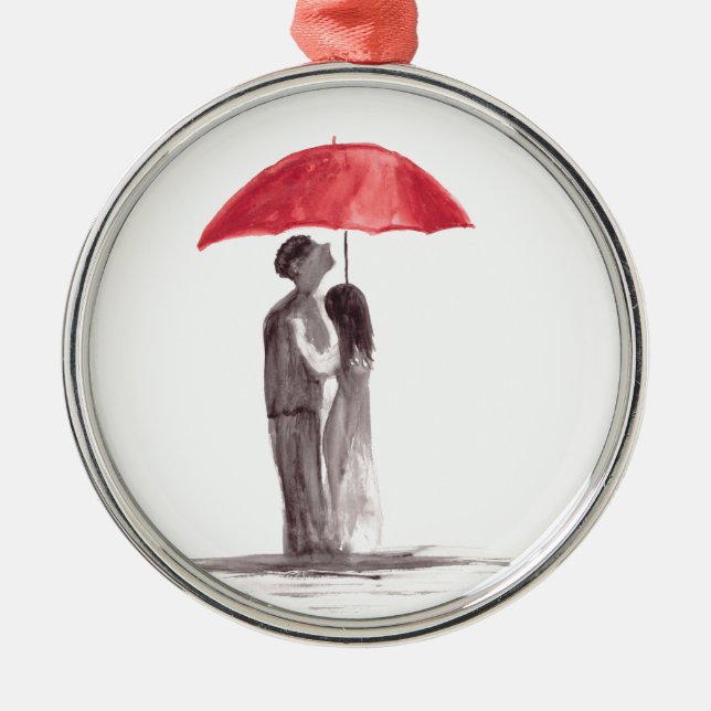 Ornement Rond Argenté Couple de parapluie rouge (Devant)