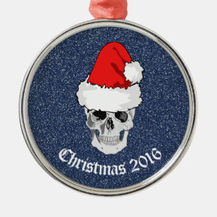 Ornement Rond Argenté Crâne avec le casquette "Noël 20xx " de Père Noël