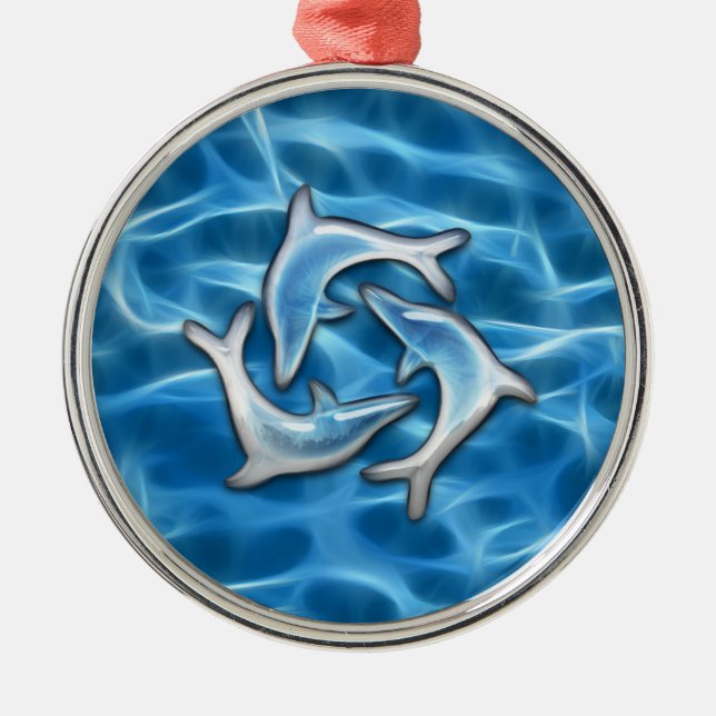 Ornement Rond Argenté Dauphins dans l'eau (Devant)