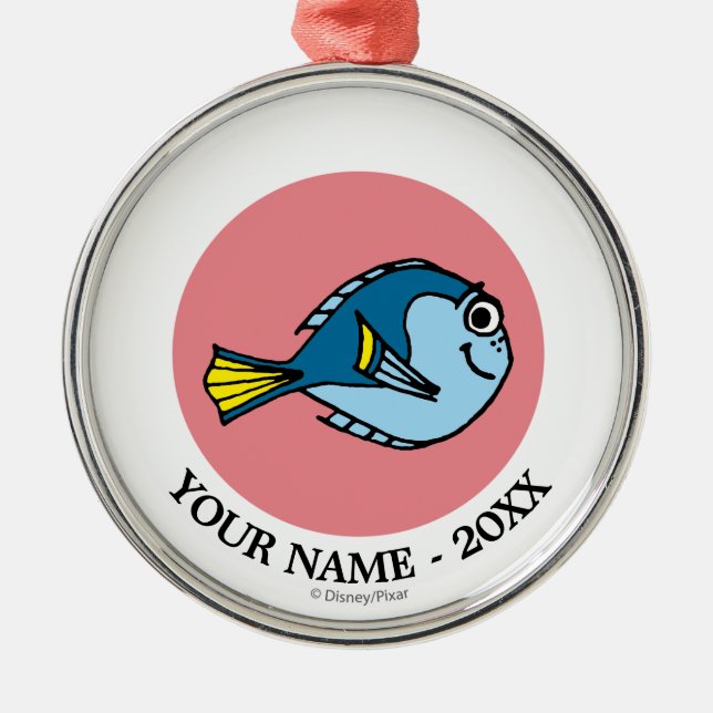 Ornement Rond Argenté Dory | Cartoon Image Ajouter Votre Nom (Devant)