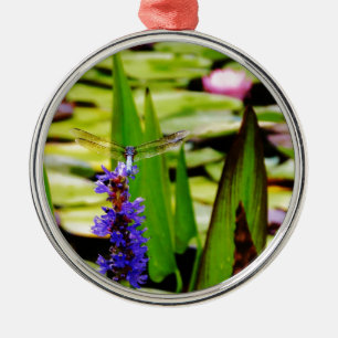 Ornement Rond Argenté Dragonfly lotus and purple flower