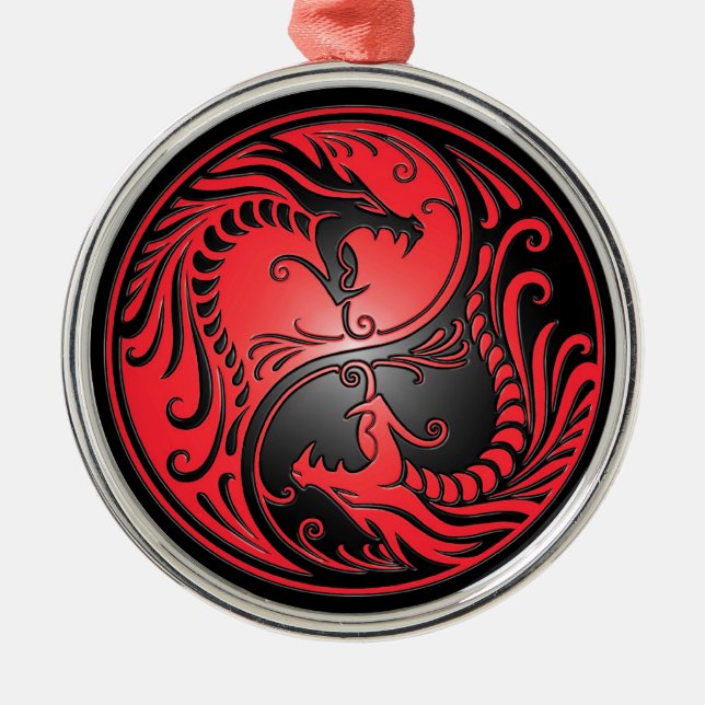 Ornement Rond Argenté Dragons, rouge et noir de Yin Yang (Devant)