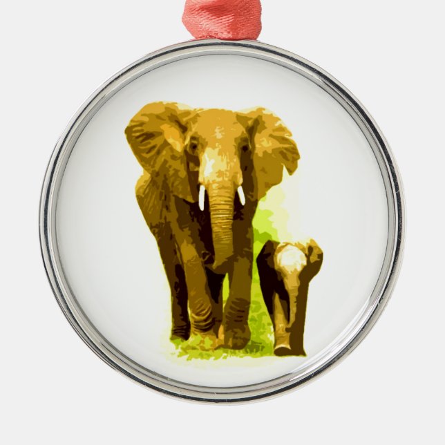 Ornement Rond Argenté Eléphant et bébé Eléphant (Devant)