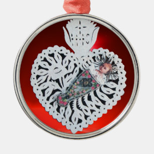 Ornement Rond Argenté Enfant Jésus, Antique Noël Papier Cardiaque Carvin