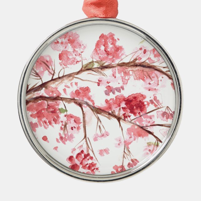 Ornement Rond Argenté Fleurs de cerisier rose aquarelle fleurie (Devant)