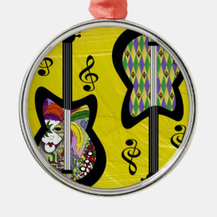 Ornement Rond Argenté Guitares colorées Mardi Gras
