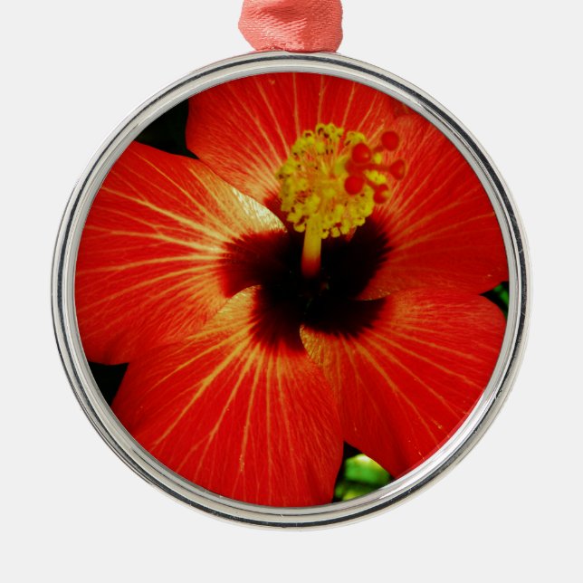 Ornement Rond Argenté Hibiscus rouge (Devant)
