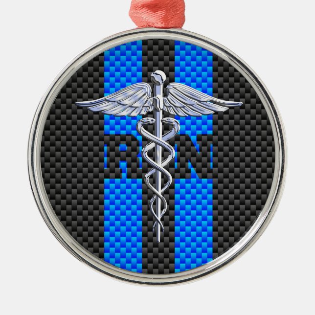 Ornement Rond Argenté Infirmière inscrite RN Caduceus Carbon Fiber Style (Devant)