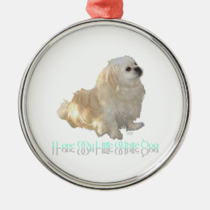 Ornement Rond Argenté J'adore mon petit chien blanc - Épagneul Pékinois
