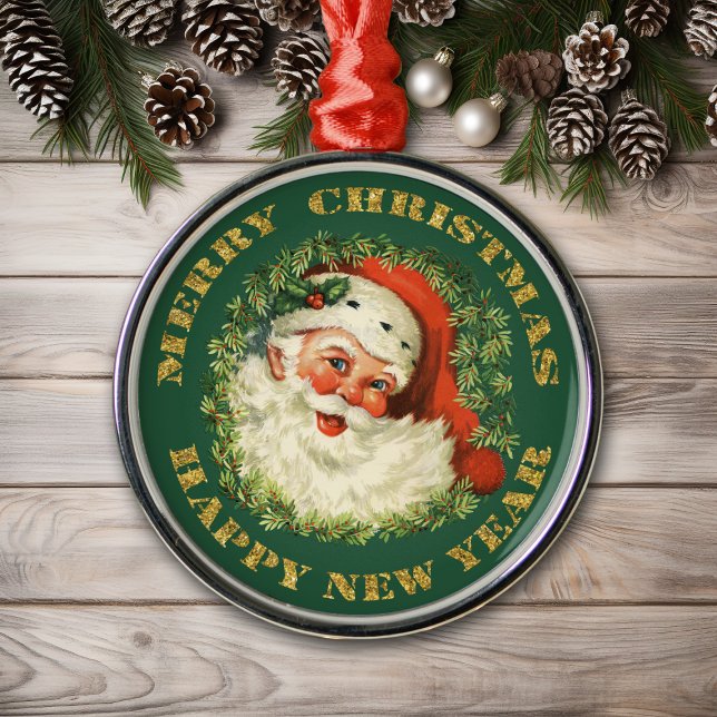 Ornement Rond Argenté Jolly Père Noël et Wreath (Créateur téléchargé)