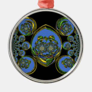 Ornement Rond Argenté Kaleidoscope bleu et jaune Imprimer
