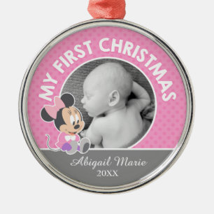 Ornement Rond Argenté Le premier Noël de Minnie Baby Ajoutez votre nom