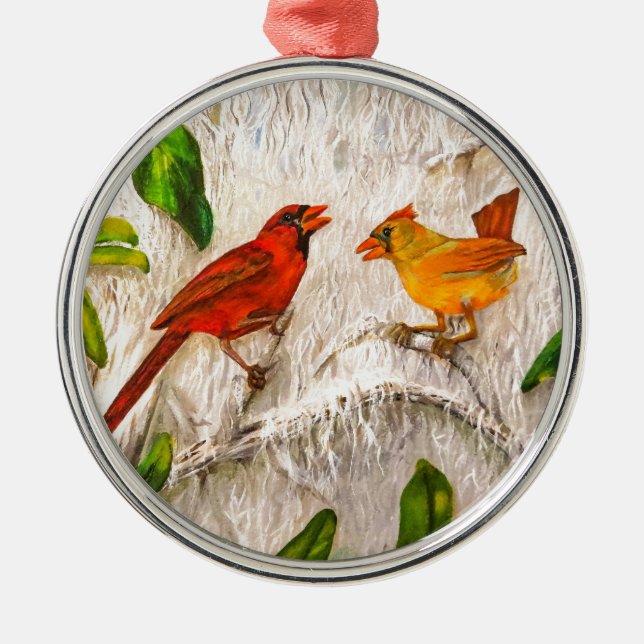 Ornement Rond Argenté Les Redbirds de Noël. Chant d'amour (Devant)