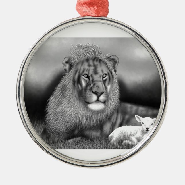 Ornement Rond Argenté Lion et l'agneau (Devant)