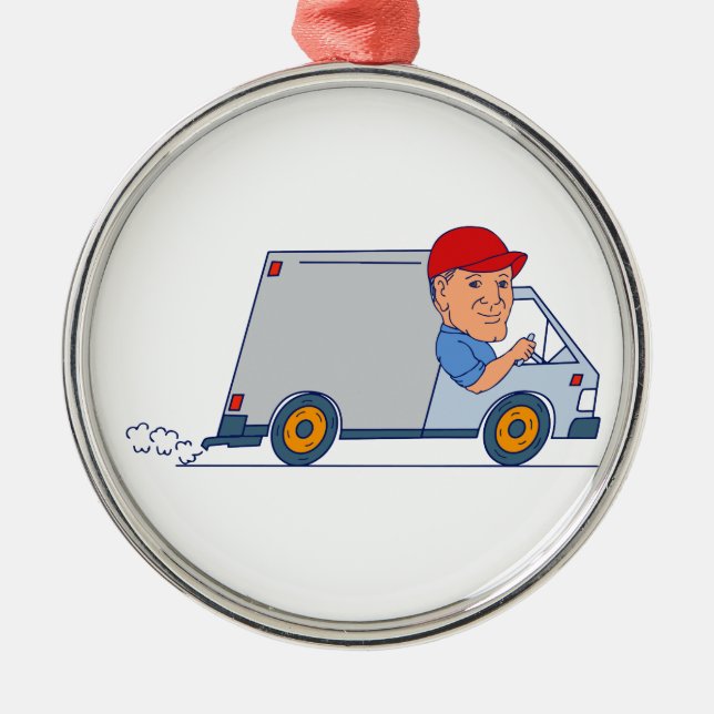 Ornement Rond Argenté Livreur conduisant Truck Van Cartoon (Devant)