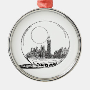Ornement Rond Argenté Londres dans une boule de verre.