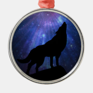 Ornement Rond Argenté Loup Céleste