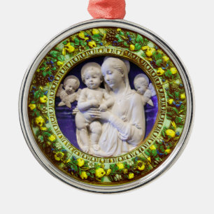 Ornement Rond Argenté MADONNA AVEC ENFANT, ANGELS FLORAL CROWN Blue Gem
