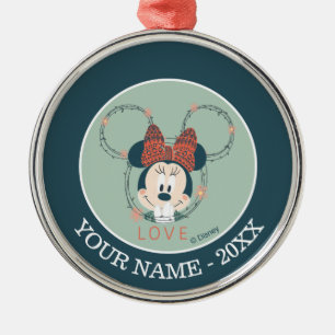 Ornement Rond Argenté Minnie Mouse Amour Ajoutez Votre Nom