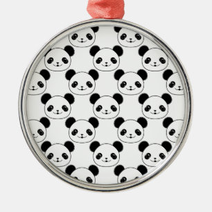 Ornement Rond Argenté Motif Kawaii Panda En Noir Et Blanc