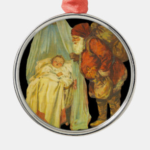 Ornement Rond Argenté Noël Baby Santa Clause Vintage