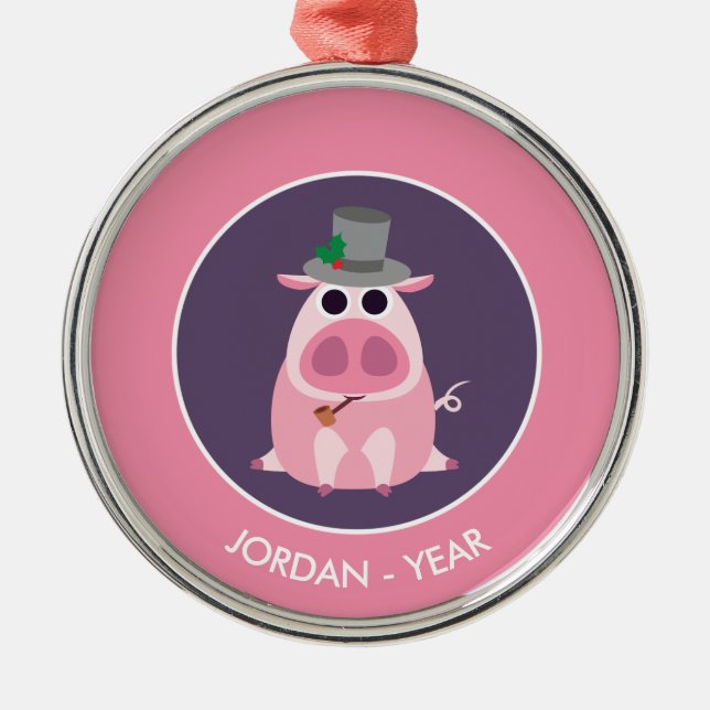 Ornement Rond Argenté Noël circonspect le porc (Devant)