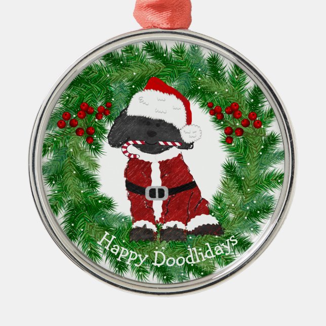 Ornement Rond Argenté Noël personnalisé Labradoodle Père Noël (Devant)