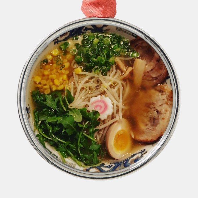 Ornement Rond Argenté Nouilles de Ramen de porc (Devant)
