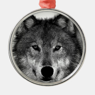 Ornement Rond Argenté Oeuvre de Loup noir et blanc