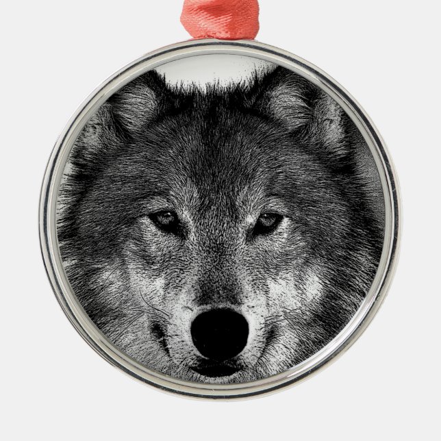 Ornement Rond Argenté Oeuvre de Loup noir et blanc (Devant)