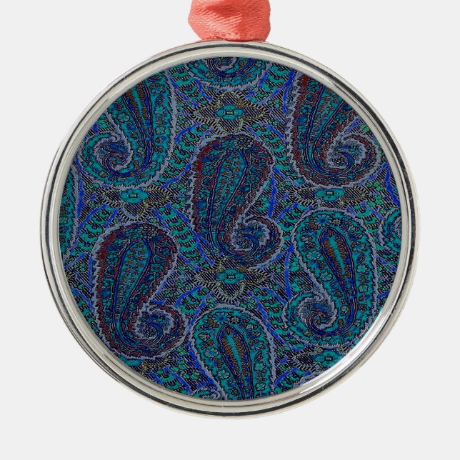 Ornement Rond Argenté Paisley Blue Indian Boho Motif (Devant)