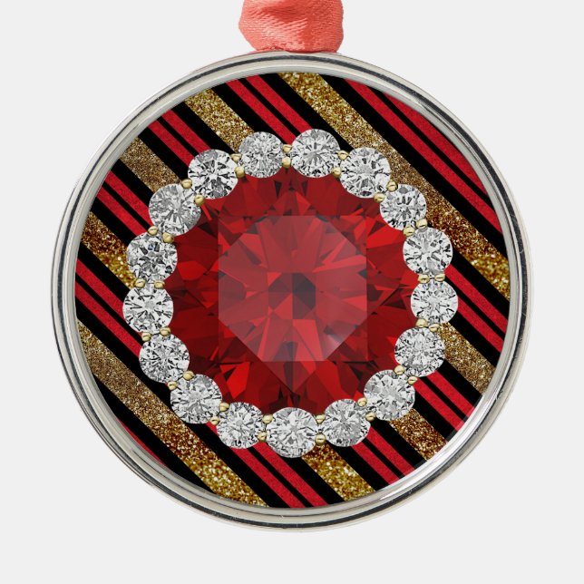 Ornement Rond Argenté Parties scintillant Gold Red & Black Faux Ruby & D (Devant)