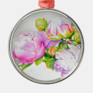 Ornement Rond Argenté Peinture à l'aquarelle florale blanche rose élégan