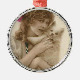 Ornement Rond Argenté Photo antique Victorian Woman and Dog