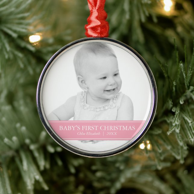 Ornement Rond Argenté Photo personnalisée simple rose et blanc Noël (Arbre)