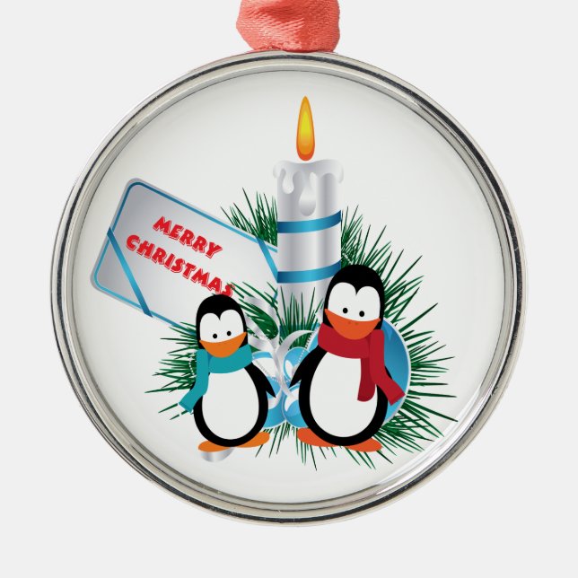 Ornement Rond Argenté Pingouins Et Bougies De Noël (Devant)