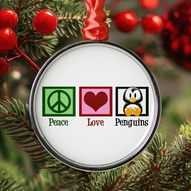 Ornement Rond Argenté Pingouins Peace Love (Créateur téléchargé)