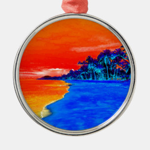 Ornement Rond Argenté Pop Art Plage Exotique Palmiers