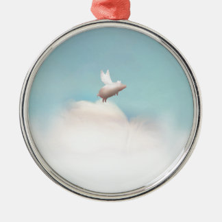 Ornement Rond Argenté porc avec des ailes