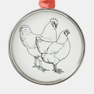 Ornement Rond Argenté Poulets de race d'héritage - coq et poule
