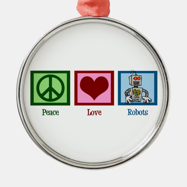 Ornement Rond Argenté Robots Peace Love Noël mignon (Devant)