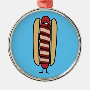 Ornement Rond Argenté Saucisse de hot dog enveloppée par lard de hot-dog